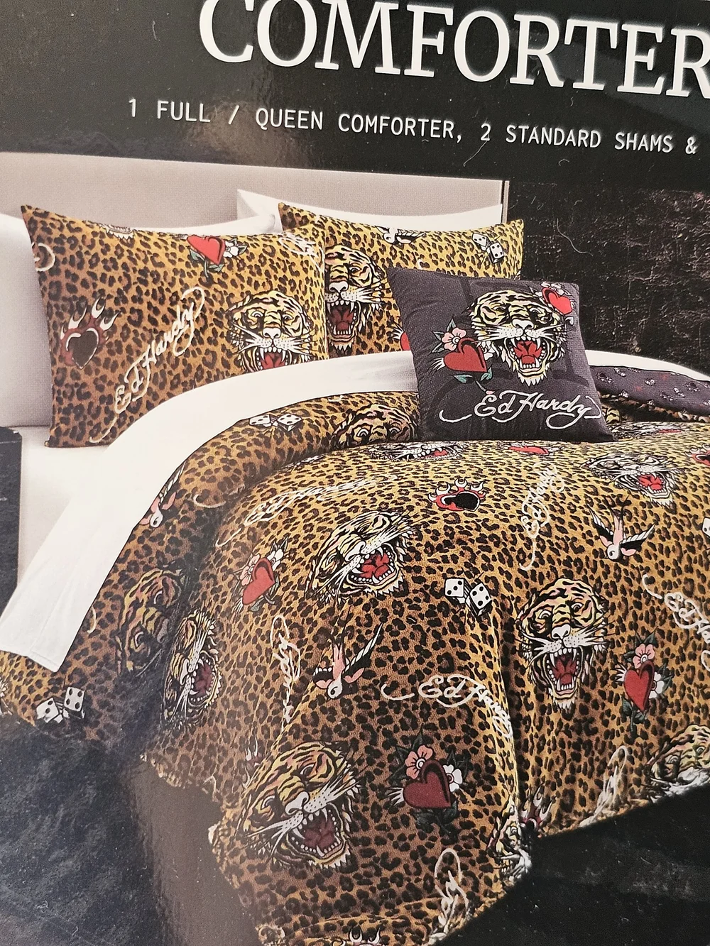 Ed Hardy Gray & Leopard Print Reversible Plush Comforter Set 4 Pc Queen